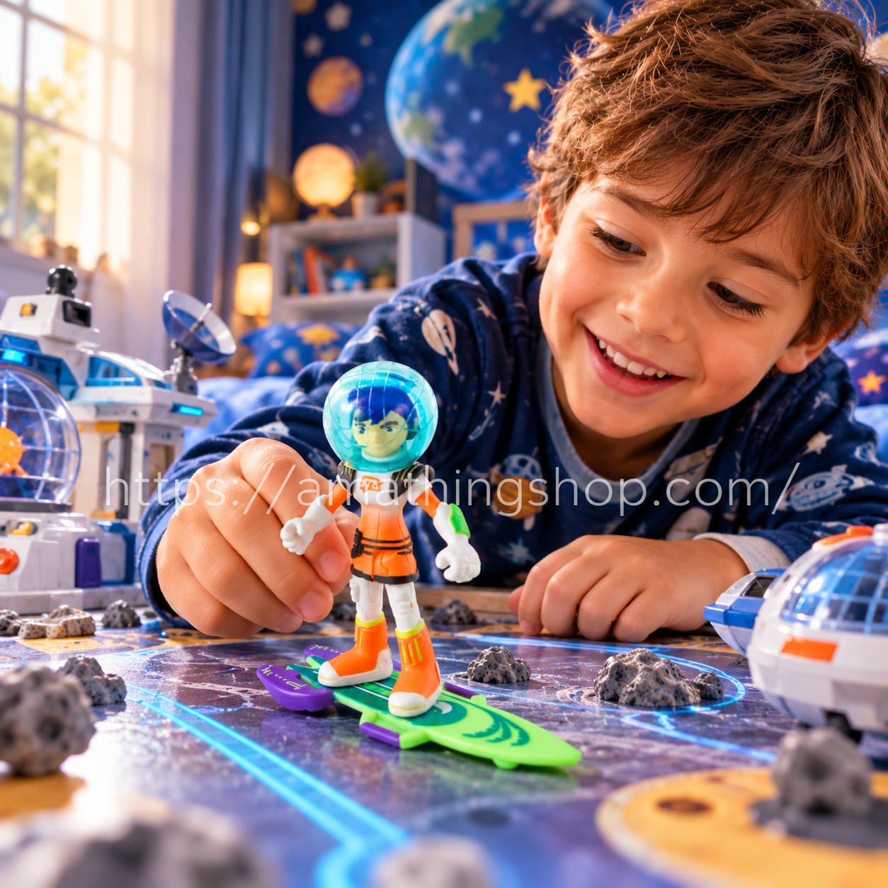 Niño jugando con la figura Phoebe Callisto de Miles del Mañana sobre su tabla espacial verde y morada.