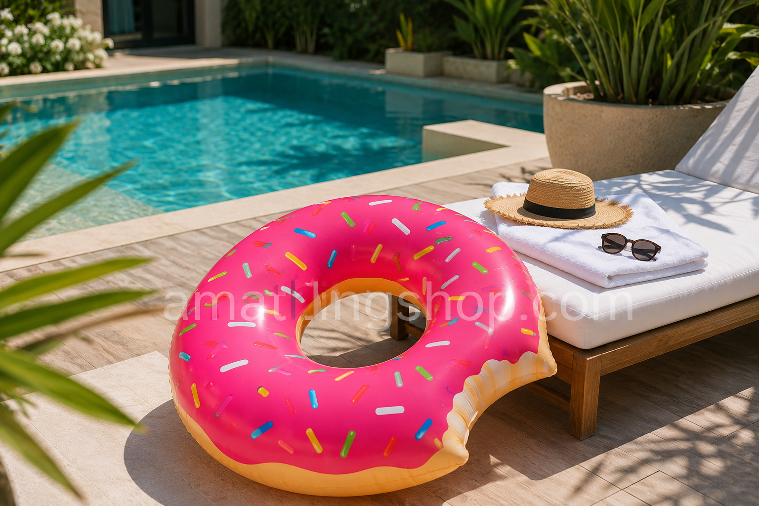 Flotador donut fresa rosa de aproximadamente 110 cm colocado junto a una tumbona blanca en un jardín con piscina privada durante un día de verano.