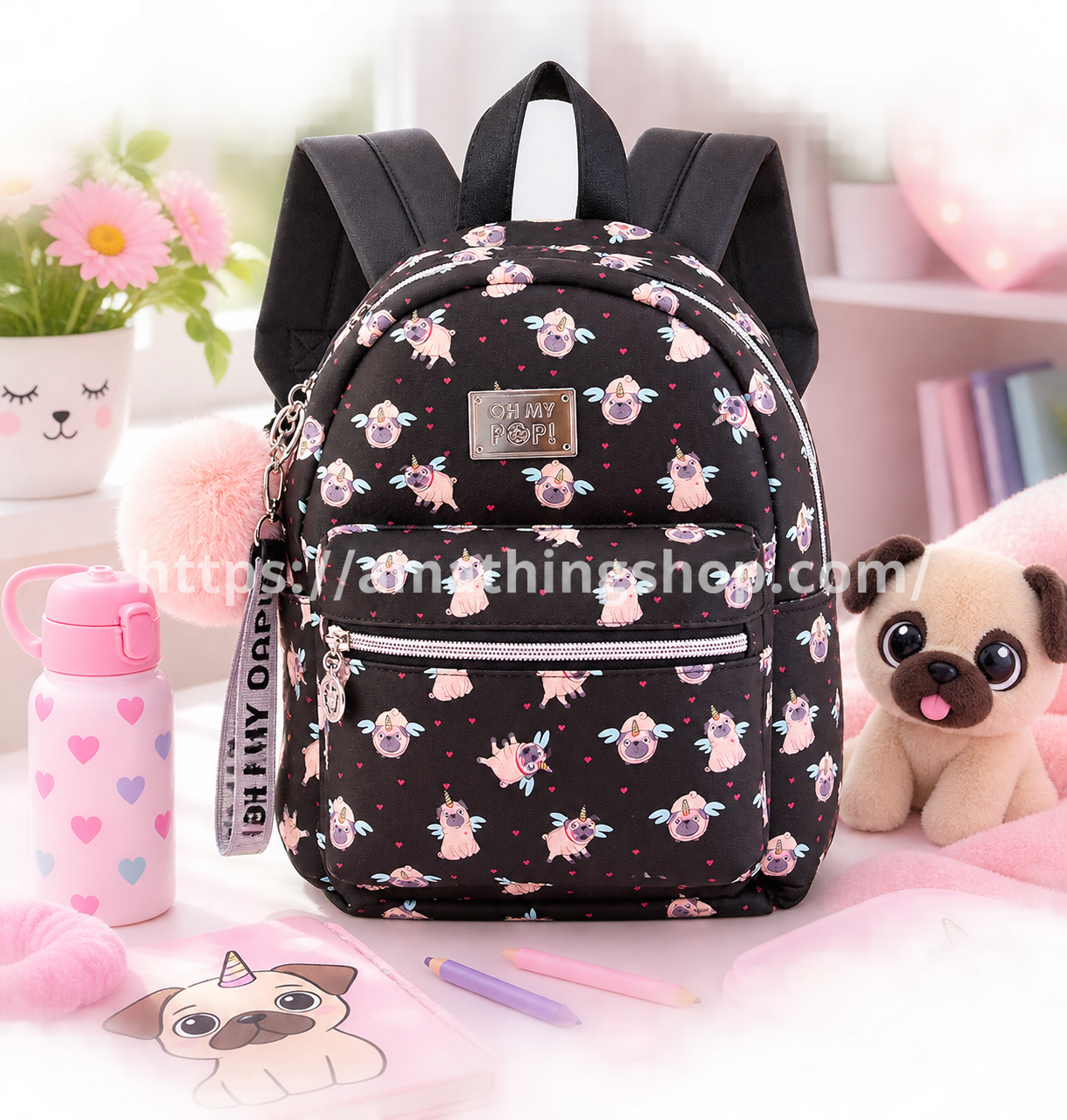 Mochila Oh My Pop Pug niña kawaii negra con pompón rosa para guardería