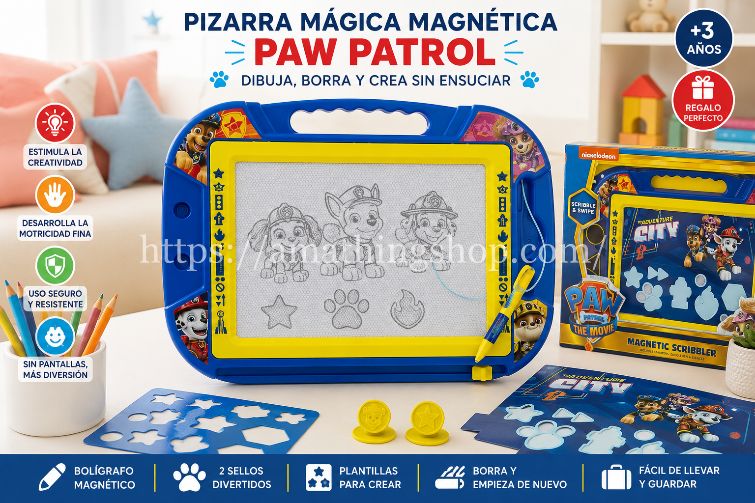 Pizarra mágica magnética Paw Patrol con tablero de dibujo, bolígrafo magnético, sellos y plantillas, presentada como juguete educativo para niños desde 3 años que permite dibujar, borrar y crear sin ensuciar.