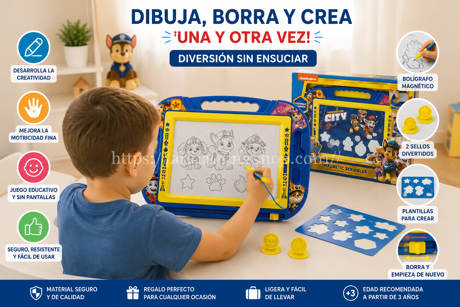 Niño usando una pizarra mágica Paw Patrol con bolígrafo magnético, sellos y plantillas en una habitación infantil, ideal como juguete educativo sin pantallas para dibujar, borrar y crear desde los 3 años.