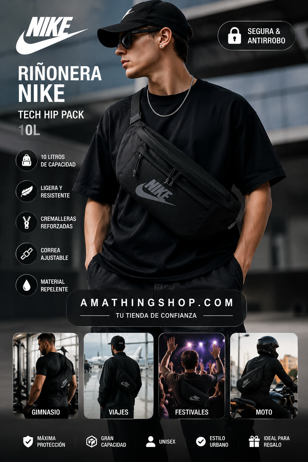 Riñonera Nike Tech Hip Pack negra 10 litros con diseño urbano streetwear y gran capacidad para gimnasio, viajes y uso diario
