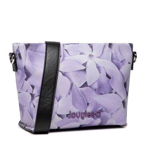 Bolso bandolera pequeño Desigual Imperial Patch Calpe lila con estampado floral y correa negra ajustable para mujer.