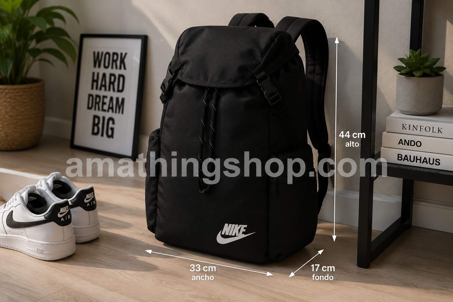 Mochila Nike Heritage negra BA6150-010 original colocada en el suelo mostrando su tamaño real aproximado de 43 cm junto a mobiliario moderno para apreciar sus proporciones