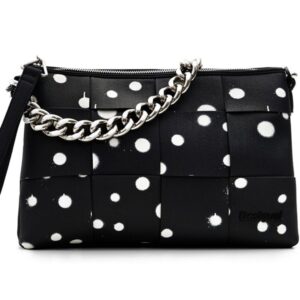 Bolso mediano negro mujer Desigual Splatter Dortmund Maxi de lunares blancos con diseño trenzado y cadena metalica.