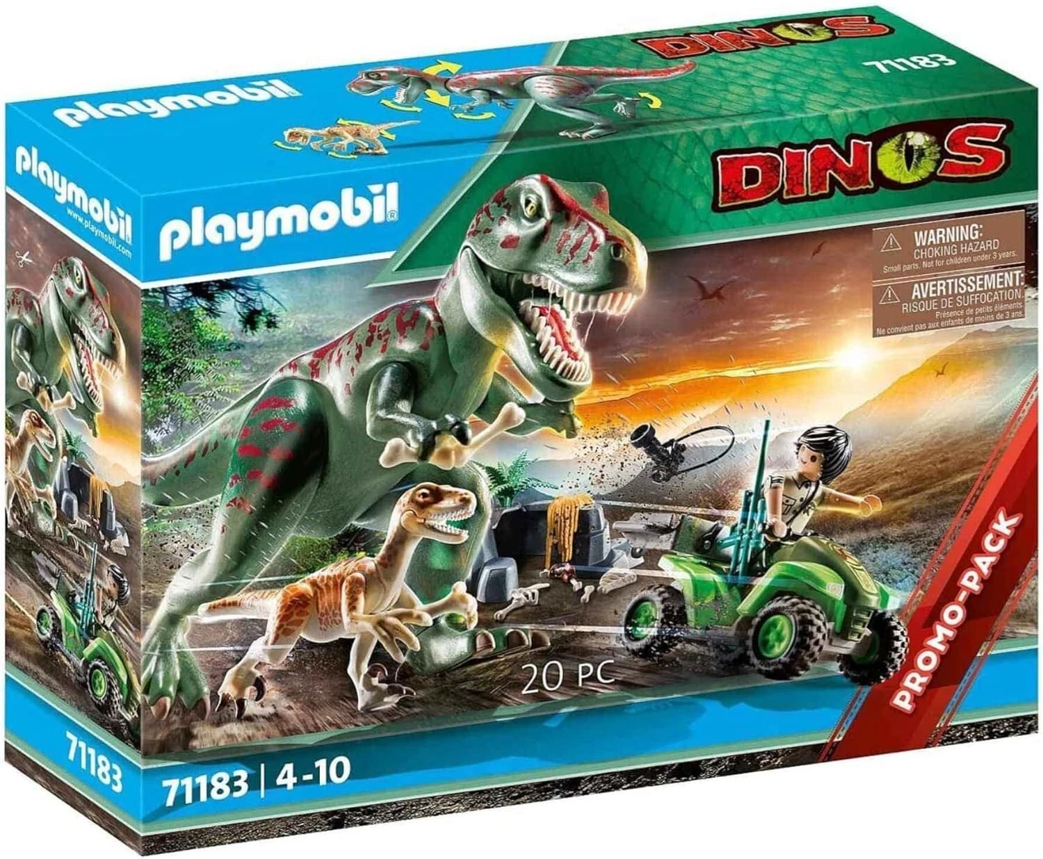 Playmobil Dinos 71183 Ataque del T-Rex con explorador, quad, T-Rex articulado, Deinonychus y accesorios de aventura jurásica. Set Playmobil de dinosaurios para niños y niñas de 4 a 10 años, ideal como regalo de cumpleaños, Navidad, Reyes y juego creativo sin pantallas.