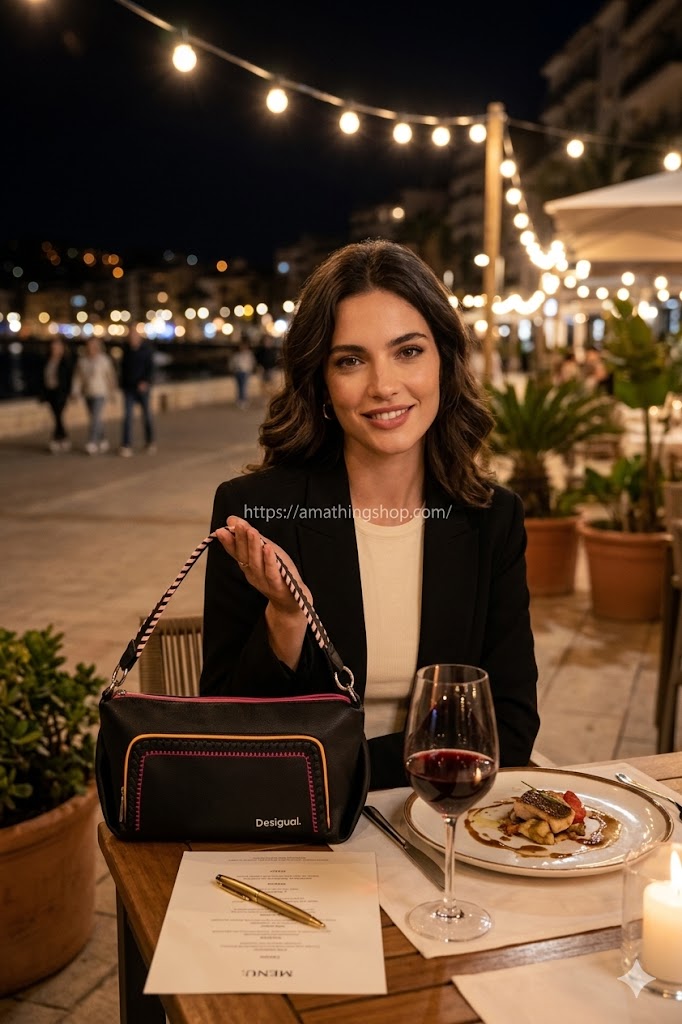 Bolso Desigual Prime Urus Maxi Negro - Estilo Noche y Eventos Mujer elegante durante una cena nocturna llevando el bolso Desigual Prime Urus Maxi negro. Se aprecia el acabado premium efecto piel, los detalles trenzados y su tamaño mediano ideal para eventos. Ambiente de lujo con luces cálidas de fondo. Disponible en amathingshop.com.