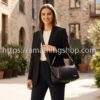 Modelo Prime Urus Maxi Desigual Negro con Doble Asa Mujer con look ejecutivo y elegante llevando el bolso mediano Desigual Prime Urus Maxi negro en una plaza europea soleada. Se aprecia el diseño semirrígido, el efecto piel suave y los detalles trenzados a contraste. Imagen de catálogo de amathingshop.com.