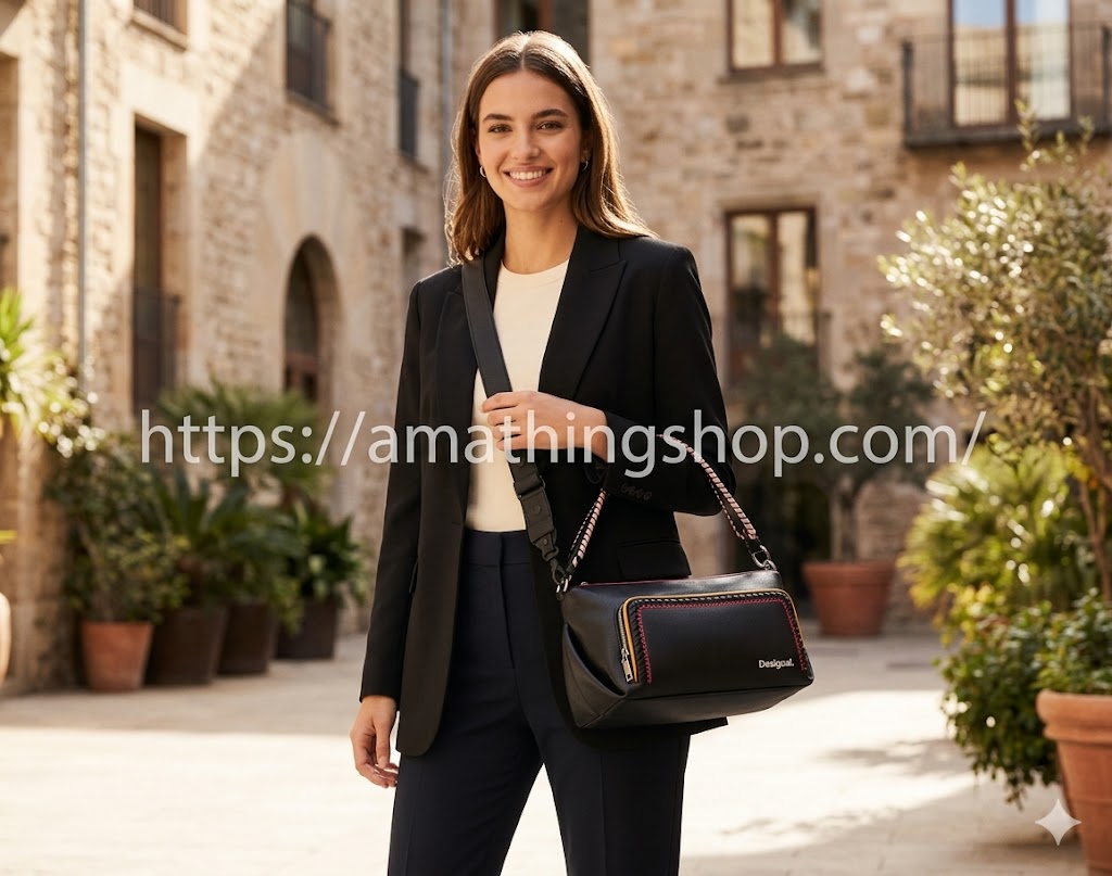 Modelo Prime Urus Maxi Desigual Negro con Doble Asa Mujer con look ejecutivo y elegante llevando el bolso mediano Desigual Prime Urus Maxi negro en una plaza europea soleada. Se aprecia el diseño semirrígido, el efecto piel suave y los detalles trenzados a contraste. Imagen de catálogo de amathingshop.com.