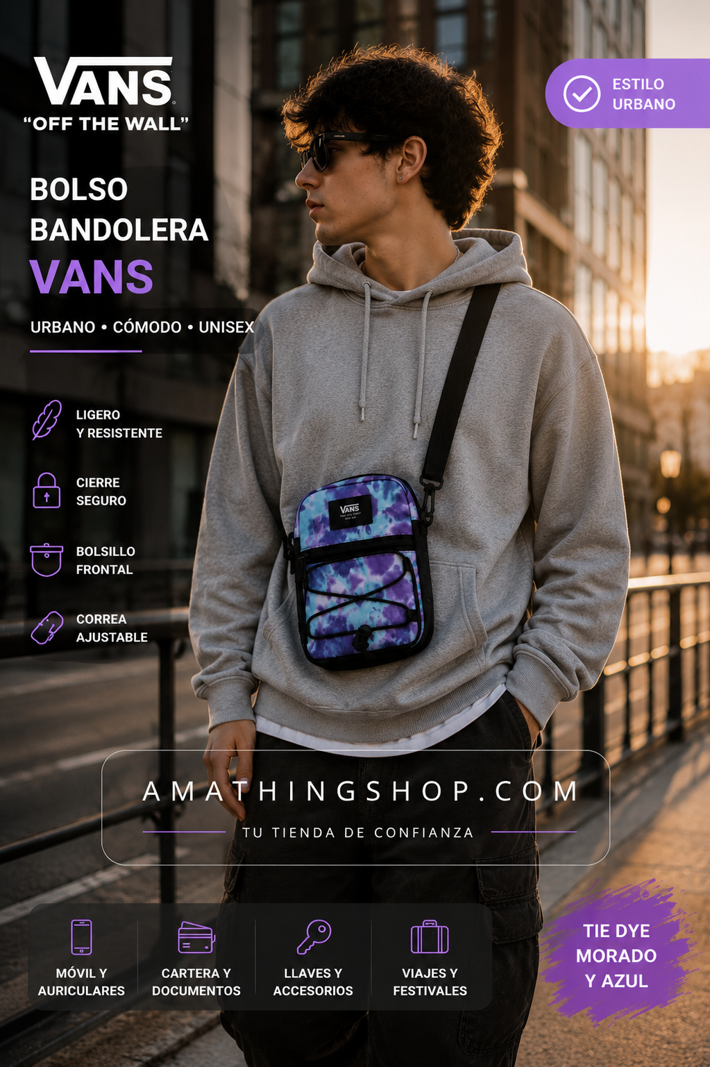 Bolso bandolera Vans hombre tie dye morado y azul utilizado en outfit urbano streetwear casual con diseño compacto y cómodo para uso diario
