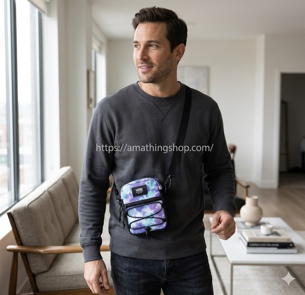 Hombre con bolso bandolera Vans tie dye morado y azul usado de forma casual en interior moderno, ideal para uso diario, viajar ligero o estilo urbano.