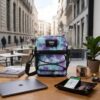 Bolso bandolera Vans tie dye morado y azul colocado sobre mesa con objetos de uso diario en entorno urbano luminoso, ideal para viajar ligero y uso diario.