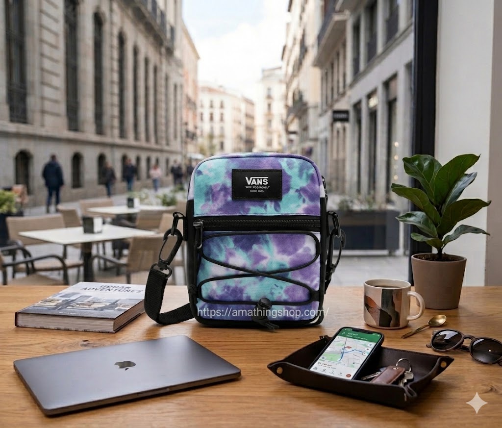 Bolso bandolera Vans tie dye morado y azul colocado sobre mesa con objetos de uso diario en entorno urbano luminoso, ideal para viajar ligero y uso diario.