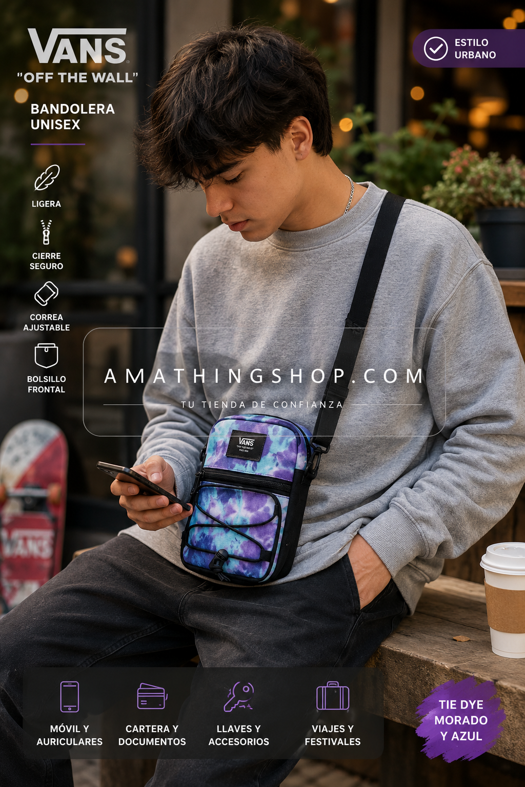 Bolso Vans tipo bandolera urbana unisex en tonos morado y azul tie dye llevado en outfit streetwear casual para uso diario, viajes y festivales