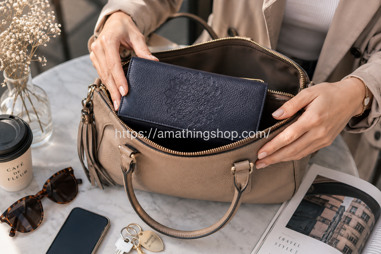 Cartera Desigual Alessia Mariona azul marino de mujer guardándose dentro de un bolso