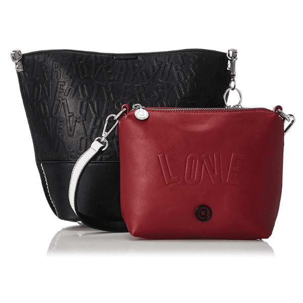 Bolso Desigual Kaila Bari negro 2 en 1 Bolso bandolera Desigual Kaila Bari negro con grabado Love y neceser rojo