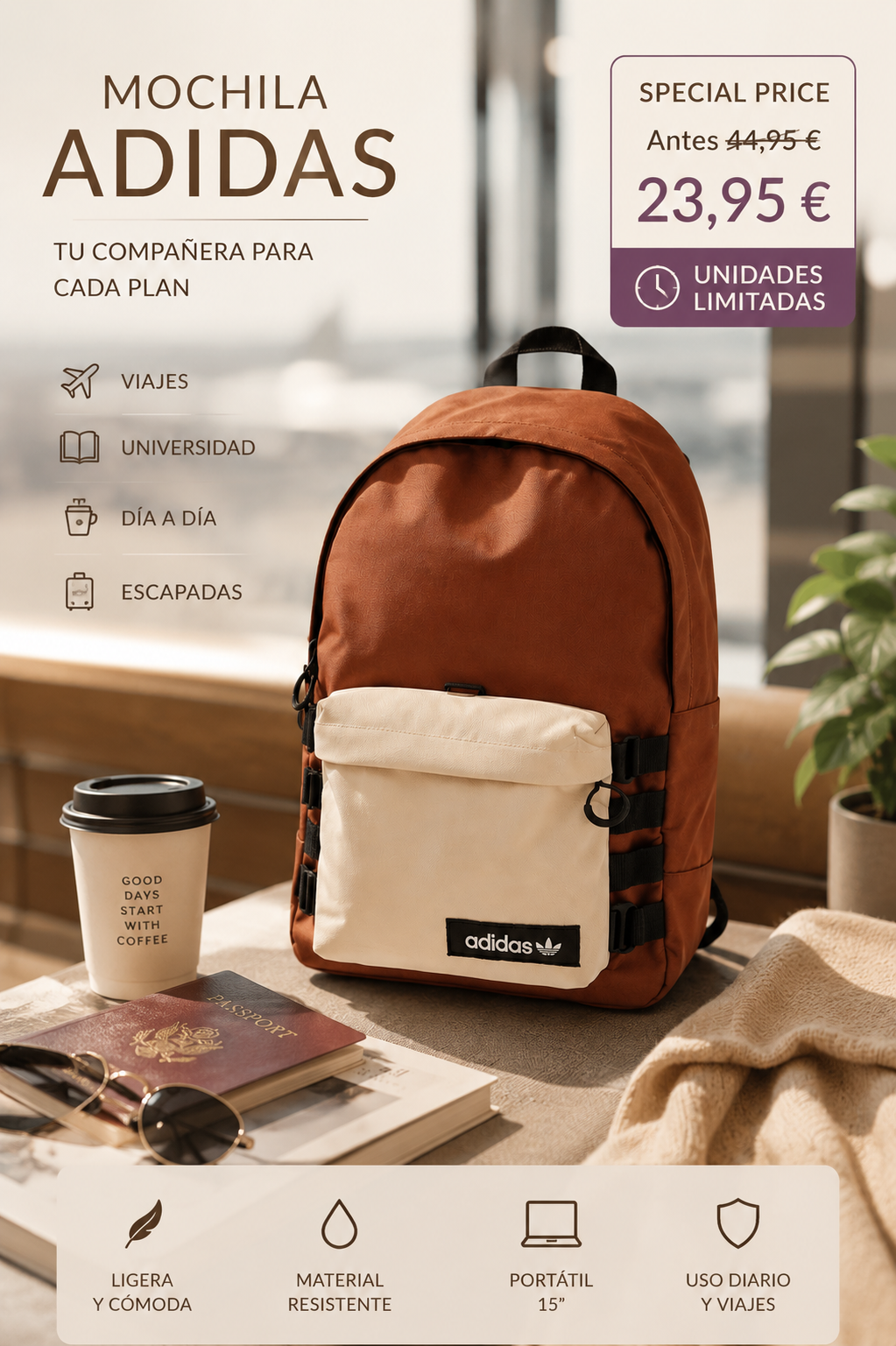 Mochila Adidas lifestyle en oferta para viajes, universidad y escapadas Mochila Adidas marrón y beige en oferta para viajes, universidad y uso diario lifestyle