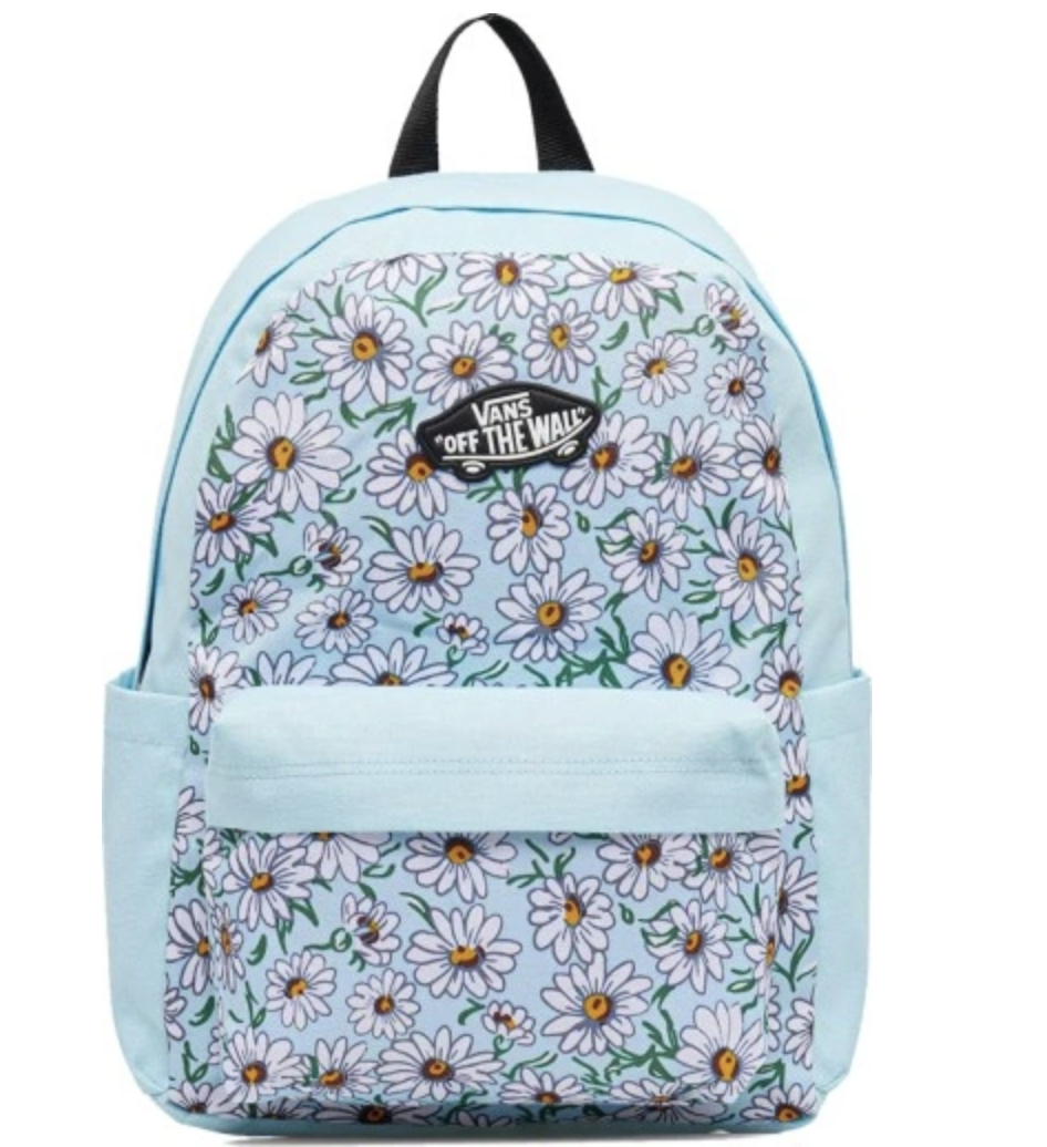Mochila Vans Old Skool Grom de 18 litros en color azul cristal con estampado de flores margaritas, ideal como regalo para mujer o uso escolar.