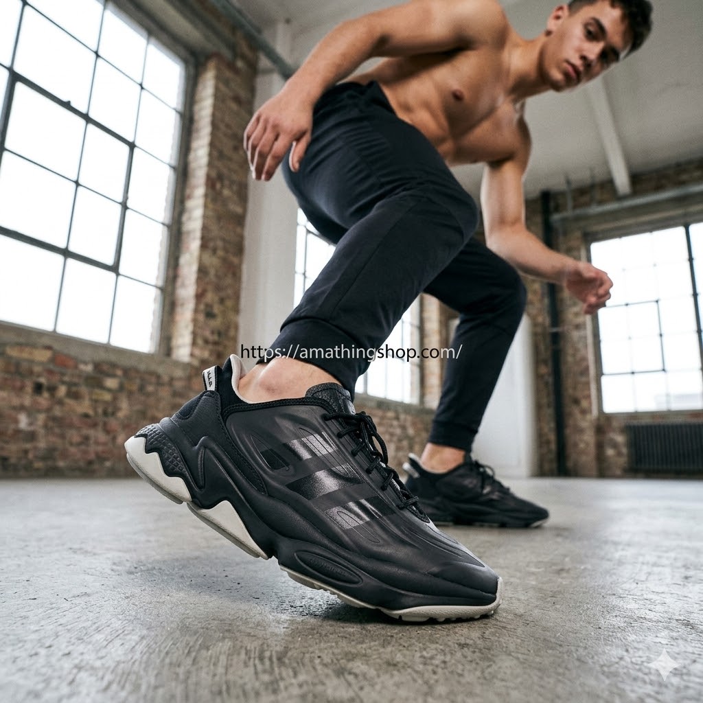 Primer plano técnico de las zapatillas Adidas Ozweego Celox negras (GZ7277) en movimiento. Se aprecia la flexibilidad de la suela de goma, la mediasuela ligera de EVA y el diseño futurista en color Core Black. Calzado deportivo de alta gama para hombre disponible en amathingshop.com.