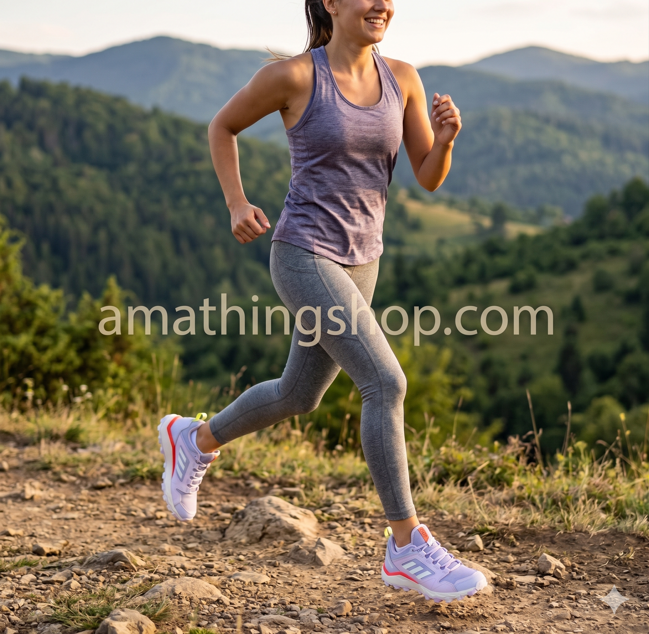 Mujer de 25 años corriendo por sendero de montaña con zapatillas Adidas Terrex color lila y detalles naranjas, ropa deportiva de trail running.