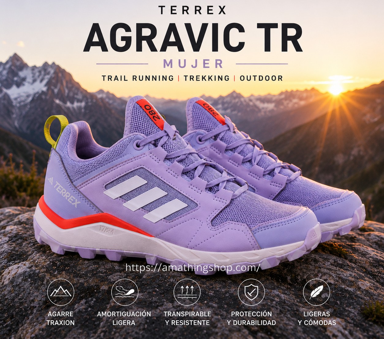 Zapatillas Adidas Terrex Agravic TR mujer violeta sobre roca en paisaje de montaña al atardecer