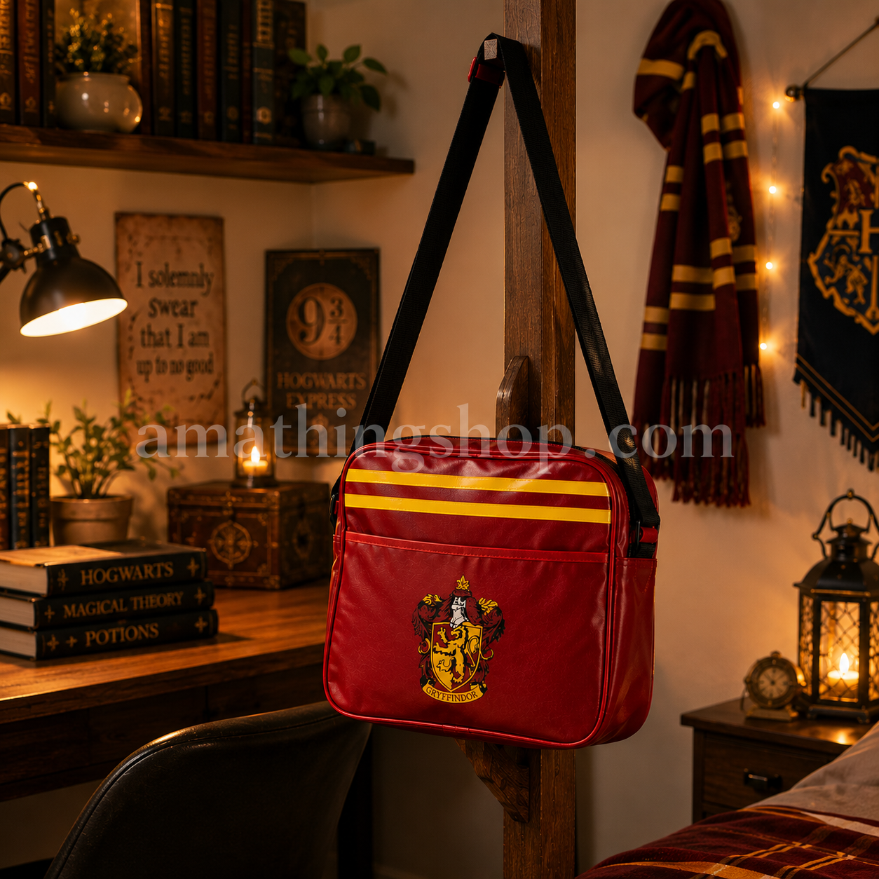 Bandolera roja estilo Harry Potter Gryffindor colgada en habitación juvenil aesthetic