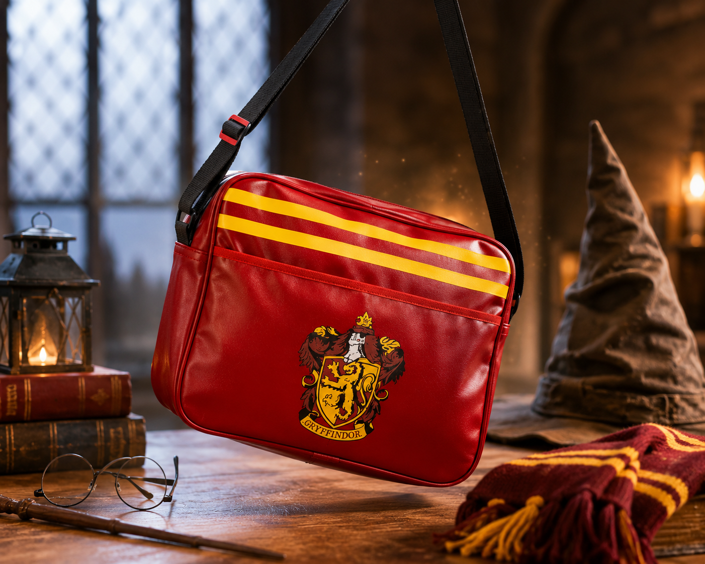 Bandolera roja estilo Harry Potter Gryffindor sobre mesa temática mágica