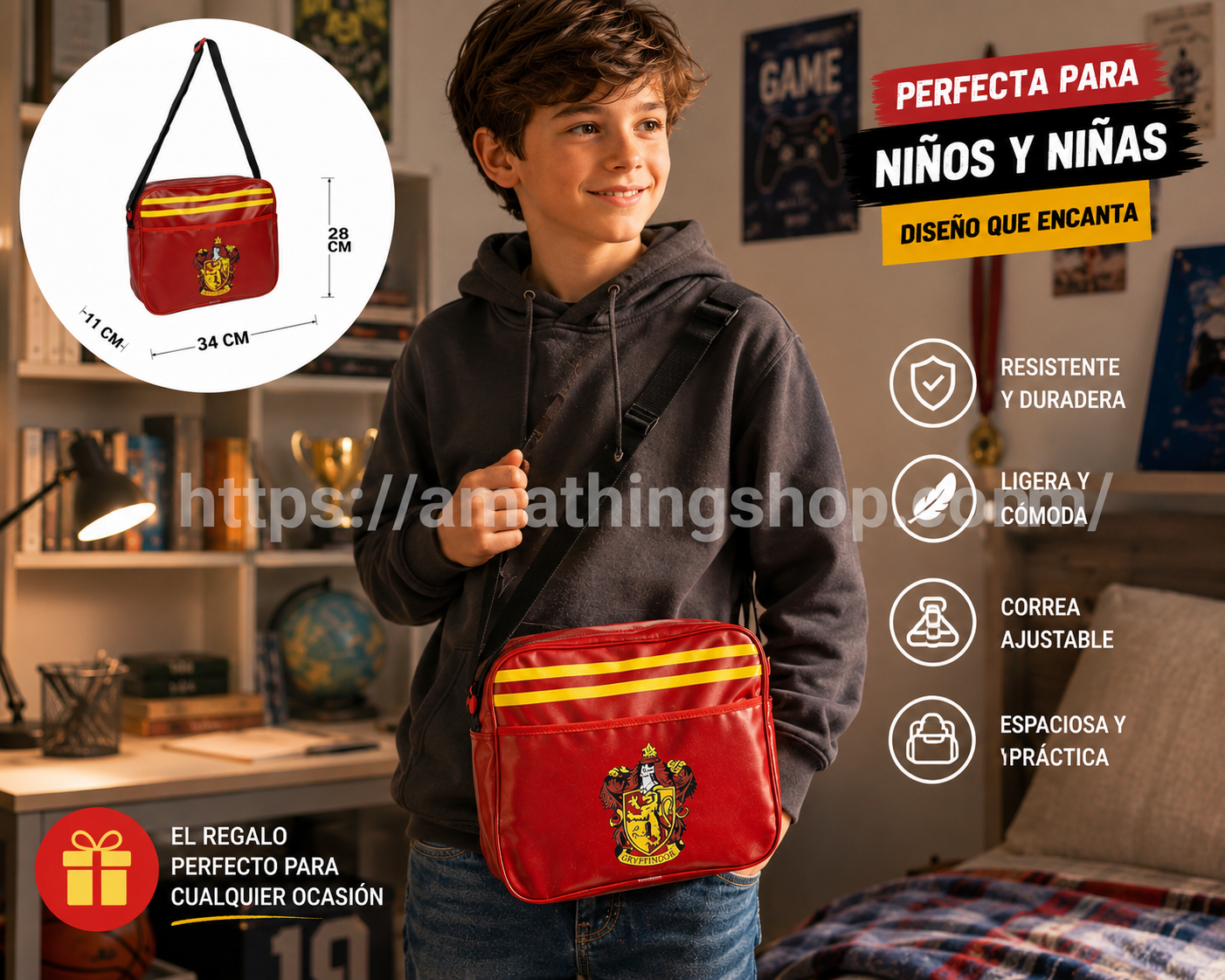 Niño de 10 años usando bandolera roja estilo Harry Potter Gryffindor