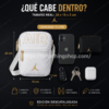 que cabe en bandolera Jordan blanca logo dorado 9A0722 tamaño real 20x15x2 cm movil cartera pequeña llaves auriculares