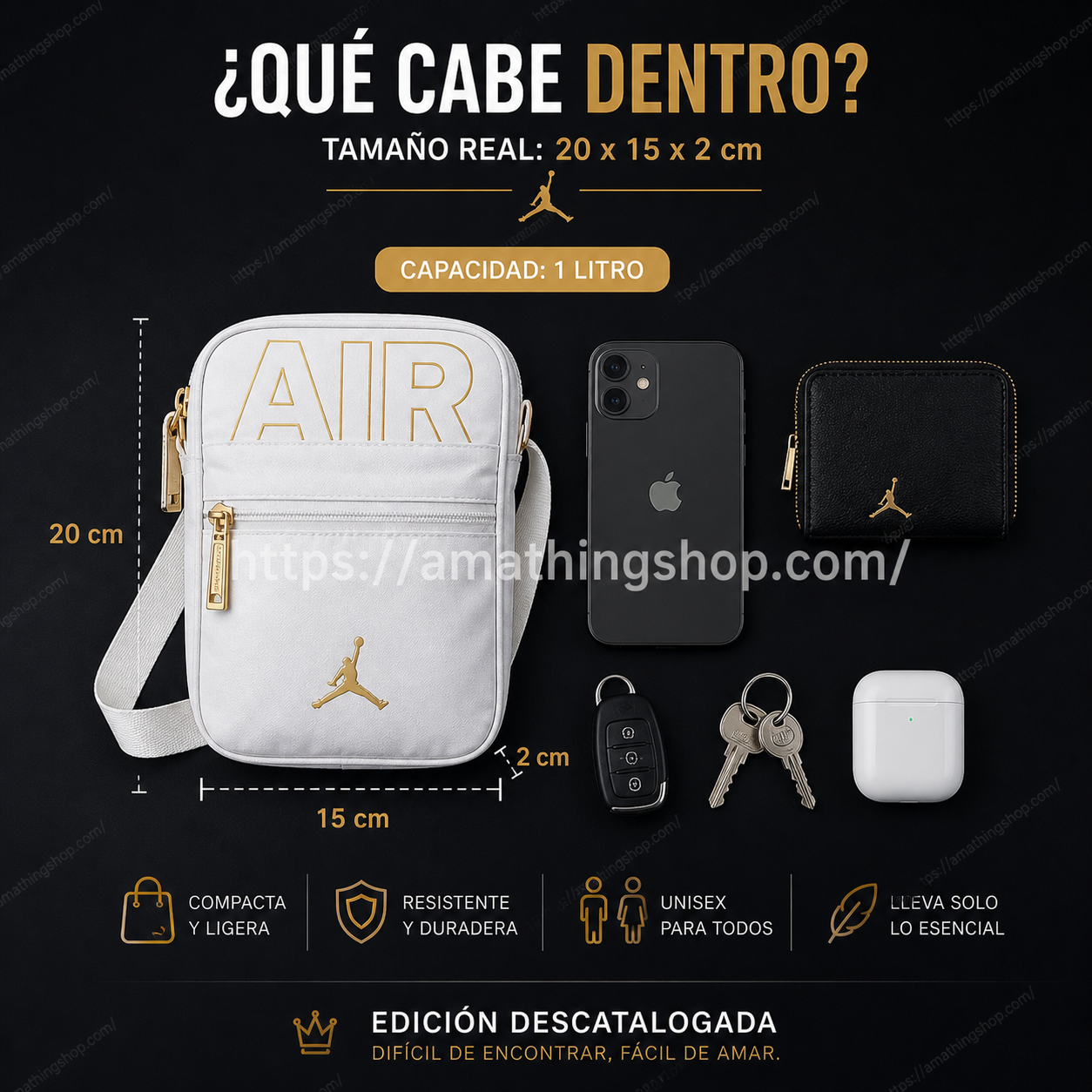 que cabe en bandolera Jordan blanca logo dorado 9A0722 tamaño real 20x15x2 cm movil cartera pequeña llaves auriculares