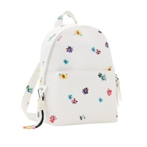 Mochila Desigual Mini Fresia blanca con estampado floral multicolor sobre fondo claro. Diseño compacto femenino con cierre de cremallera y asas regulables.
