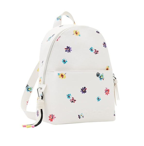 Mochila Desigual Mini Fresia blanca con estampado floral multicolor sobre fondo claro. Diseño compacto femenino con cierre de cremallera y asas regulables.