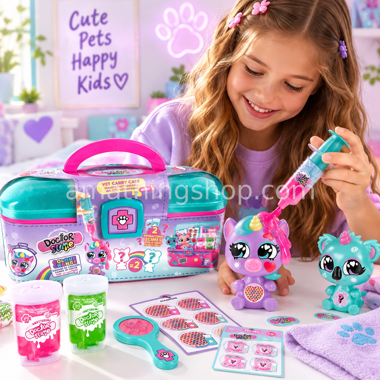 Niña jugando con maletín veterinario Doctor Slime, mascotas sorpresa, slime y accesorios para niños desde 6 años
