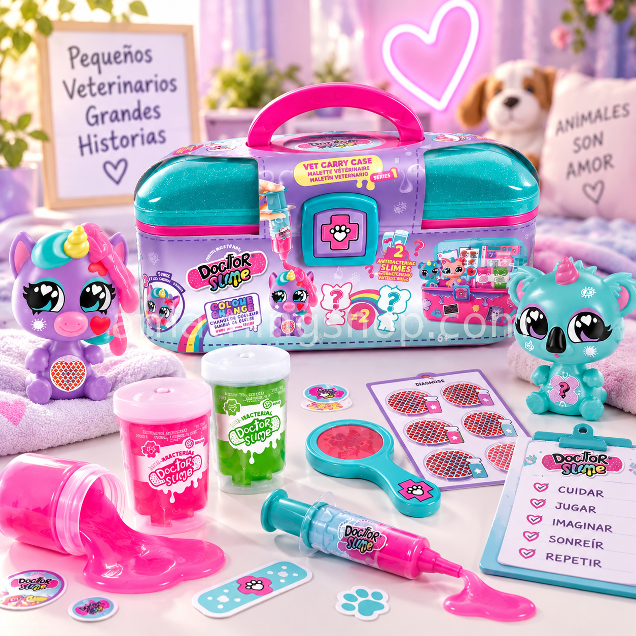Maletín Doctor Slime DSM002 con mascotas sorpresa, slime y accesorios veterinarios para niños desde 6 años