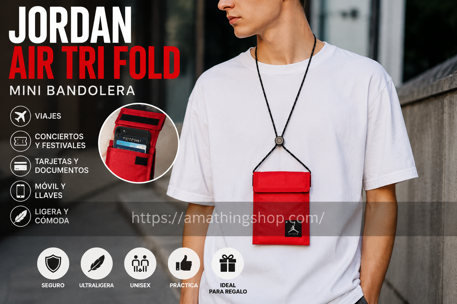 Mini bandolera Jordan Air Tri Fold roja utilizada por hombre para llevar documentación, tarjetas, móvil y dinero durante viajes y conciertos