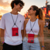 Hombre y mujer utilizando mini bandolera Jordan Air Tri Fold roja durante un festival de música al aire libre