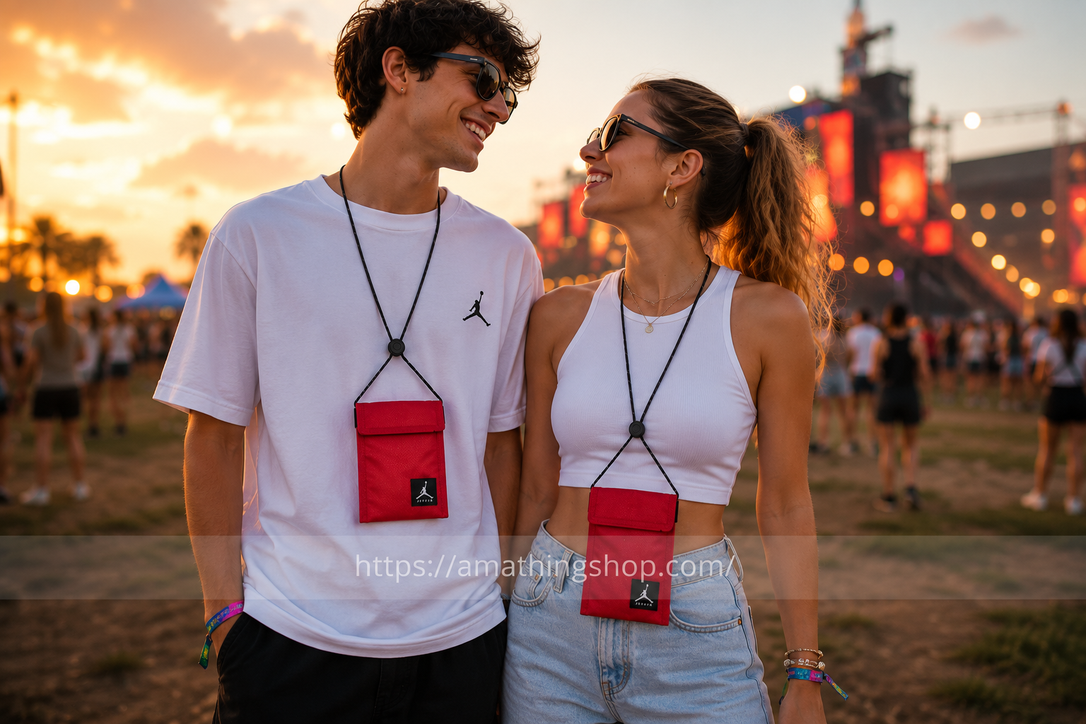 Hombre y mujer utilizando mini bandolera Jordan Air Tri Fold roja durante un festival de música al aire libre