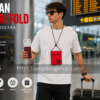 Hombre con mini bandolera Jordan Air Tri Fold roja llevando pasaporte y documentación en aeropuerto