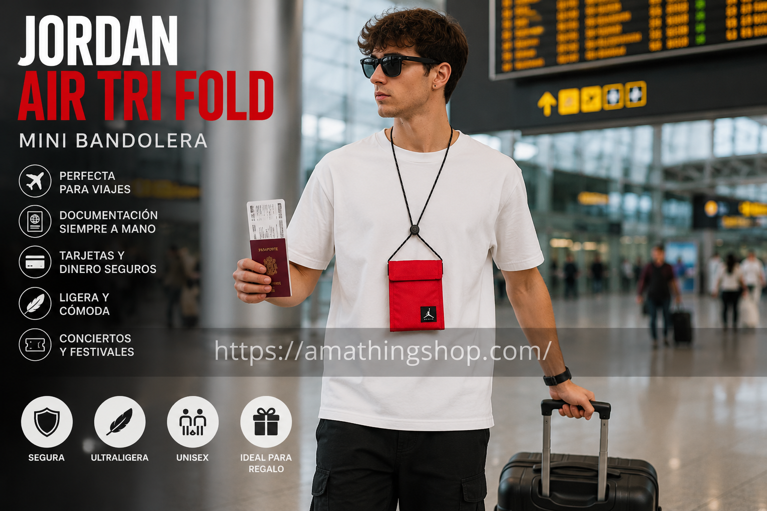 Hombre con mini bandolera Jordan Air Tri Fold roja llevando pasaporte y documentación en aeropuerto