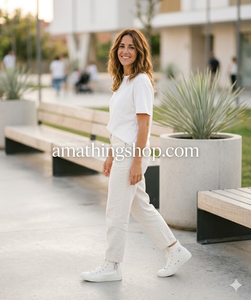 look-lifestyle-mujer-converse-blancas-bordadas Mujer joven con outfit casual beige y zapatillas Converse blancas bordadas caminando por un parque moderno, imagen de amathingshop.com