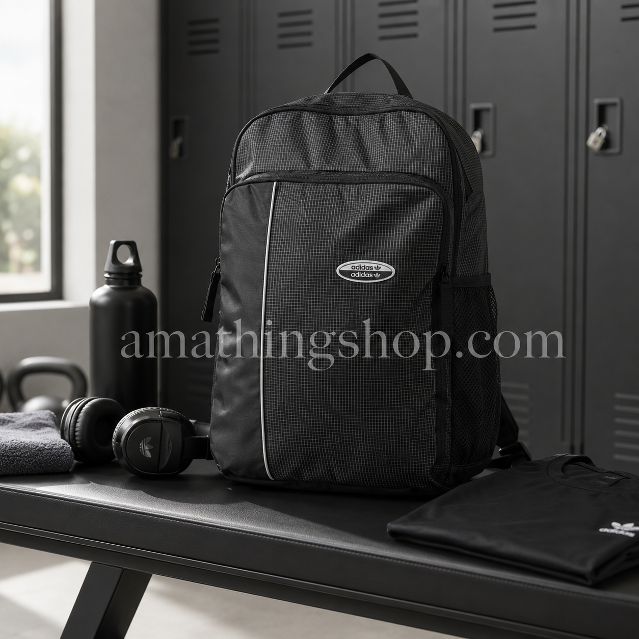 Mochila Adidas Originals RYV negra 29L en vestuario de gimnasio con botella, auriculares, toalla y ropa deportiva, ideal para gym, trabajo, universidad y uso diario.