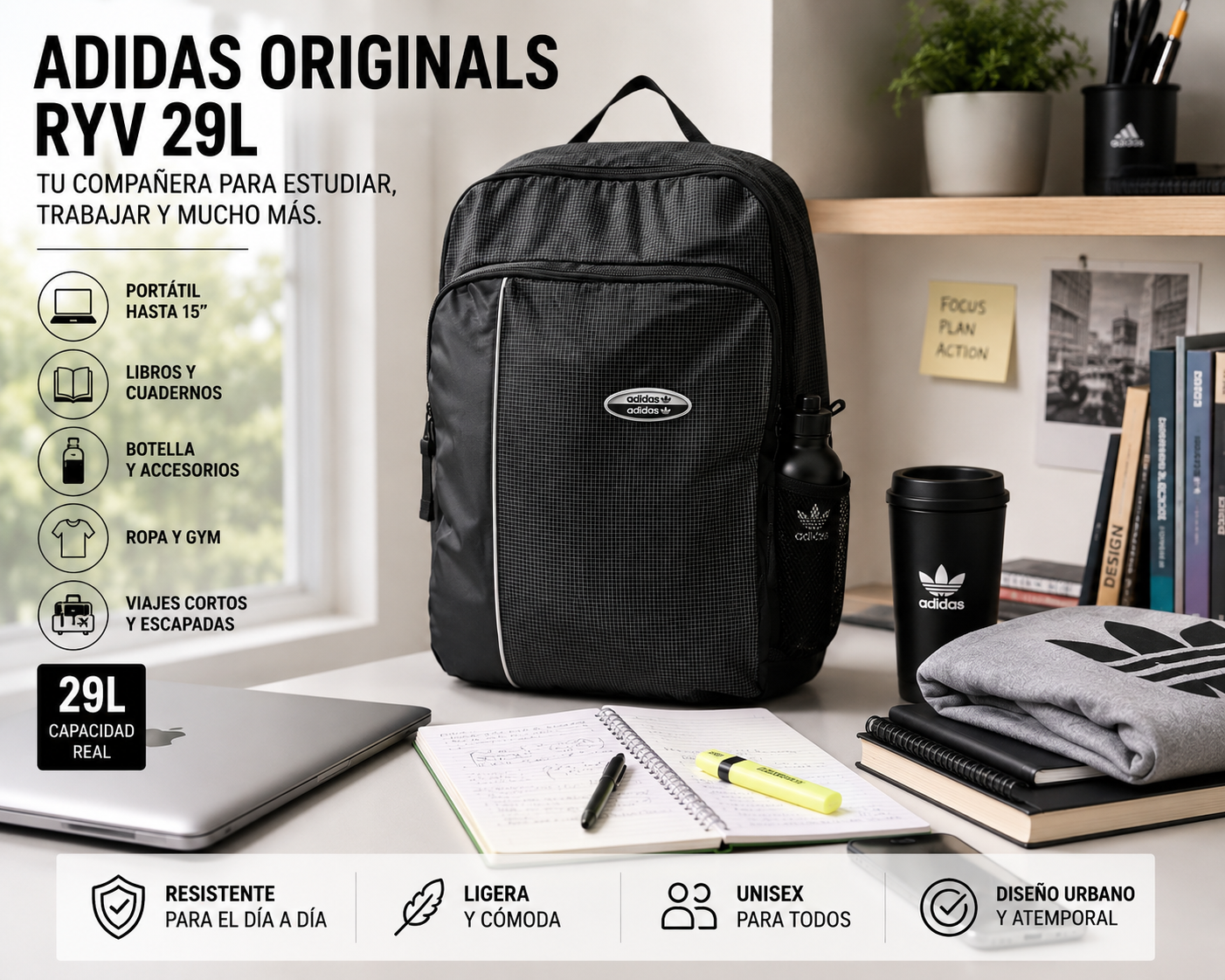 Mochila Adidas Originals RYV negra 29L en infografía visual con portátil, libros, botella, ropa de gym y accesorios, ideal para estudiar, trabajar, viajar y usar a diario.