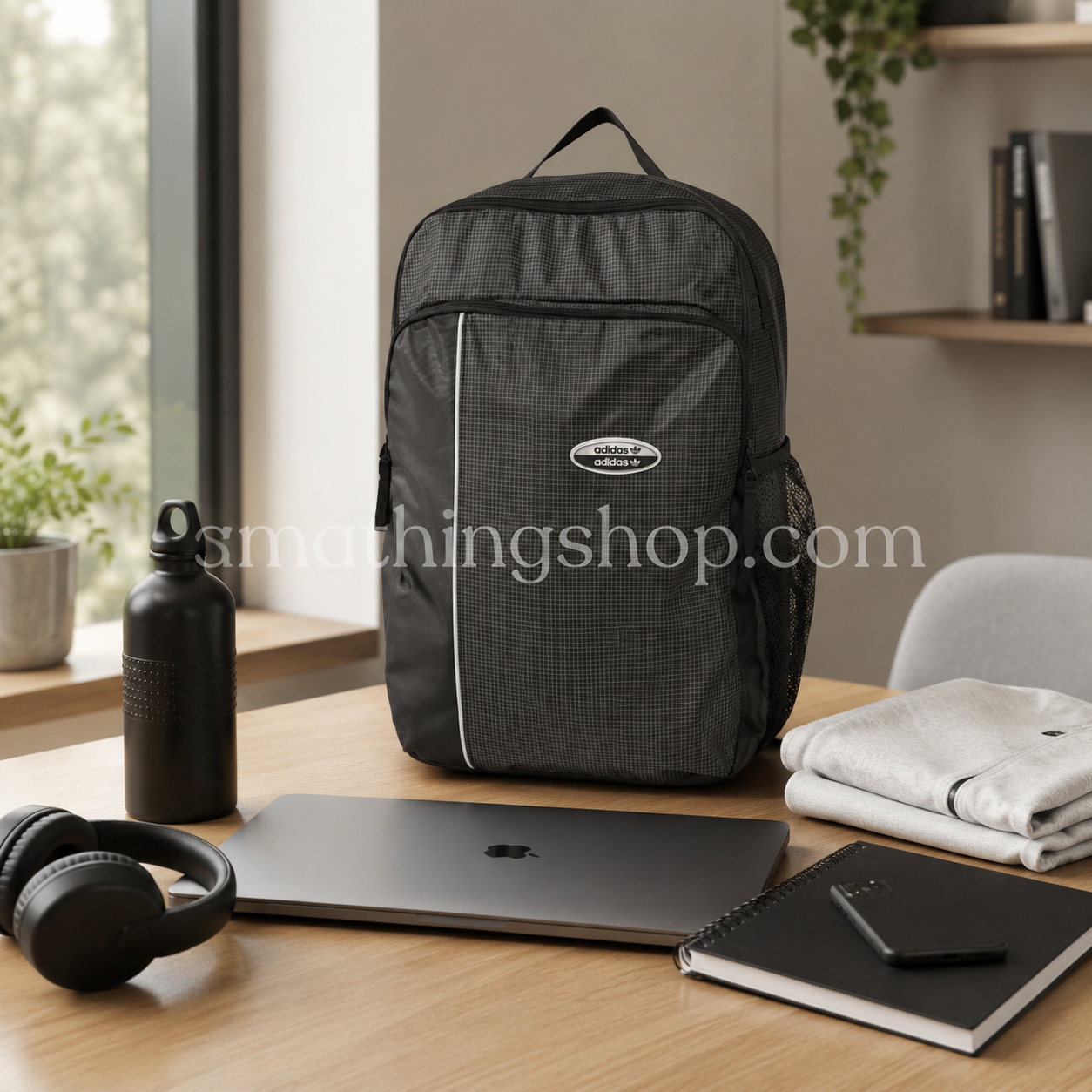 Mochila Adidas Originals RYV negra 29L sobre escritorio con portátil, botella, auriculares, móvil y ropa deportiva, ideal para trabajo, universidad, gimnasio, viajes cortos y uso diario.