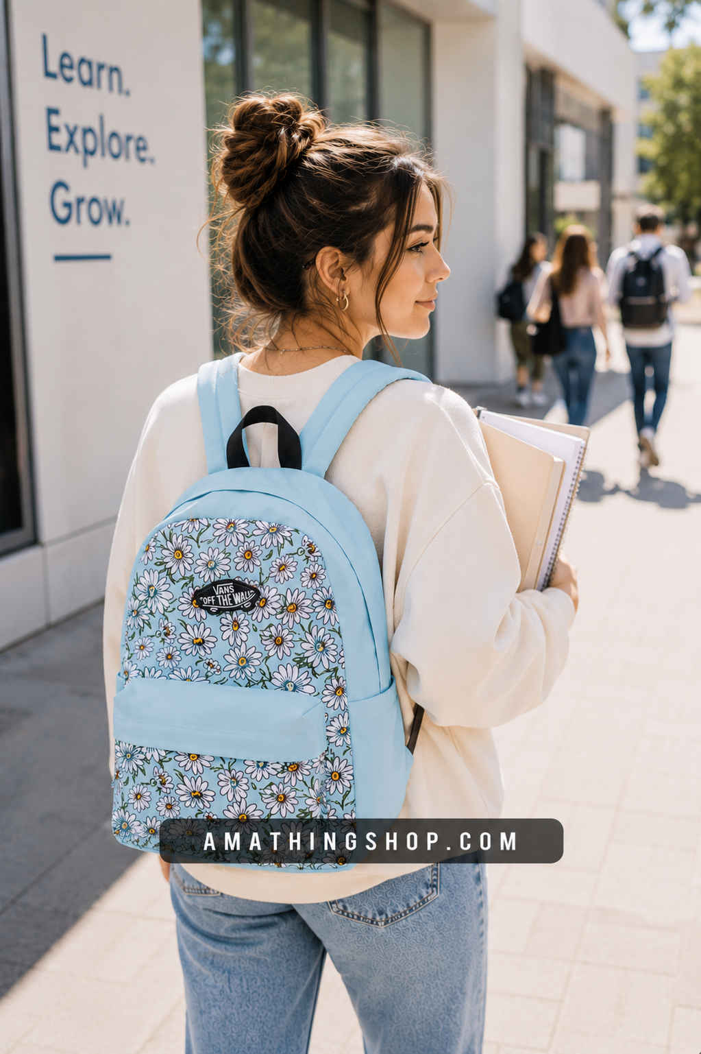 Mochila escolar mujer Vans azul flores para instituto universidad y uso diario