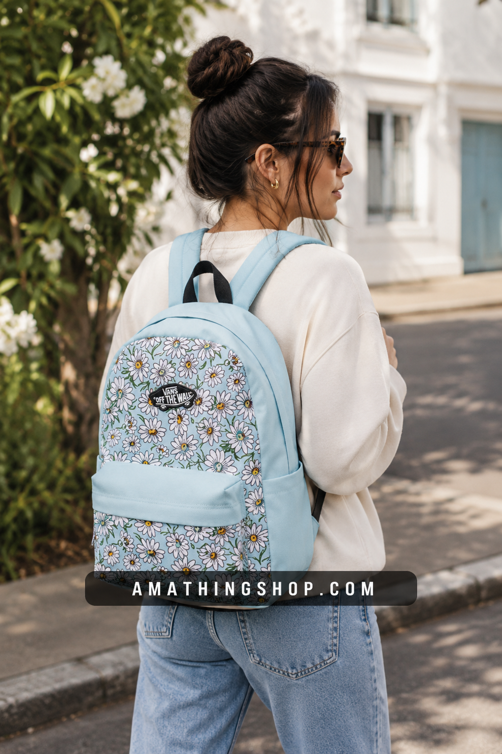 Mochila Vans azul flores mujer para universidad viajes y uso diario urbano