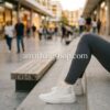 outfit-urbano-leggings-grises-converse-bordadas Primer plano de mujer con leggings grises y zapatillas Converse blancas con bordado floral plateado, sentada en una calle peatonal moderna con luces bokeh, imagen de amathingshop.com.
