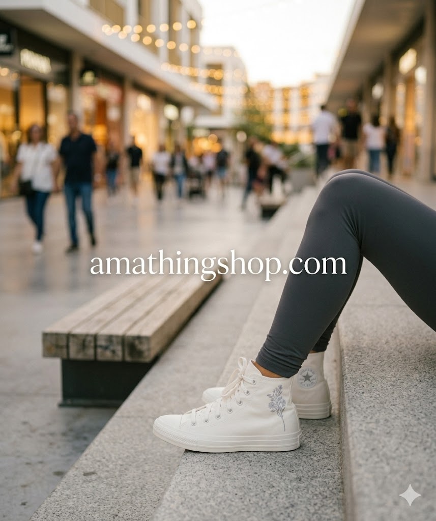 outfit-urbano-leggings-grises-converse-bordadas Primer plano de mujer con leggings grises y zapatillas Converse blancas con bordado floral plateado, sentada en una calle peatonal moderna con luces bokeh, imagen de amathingshop.com.