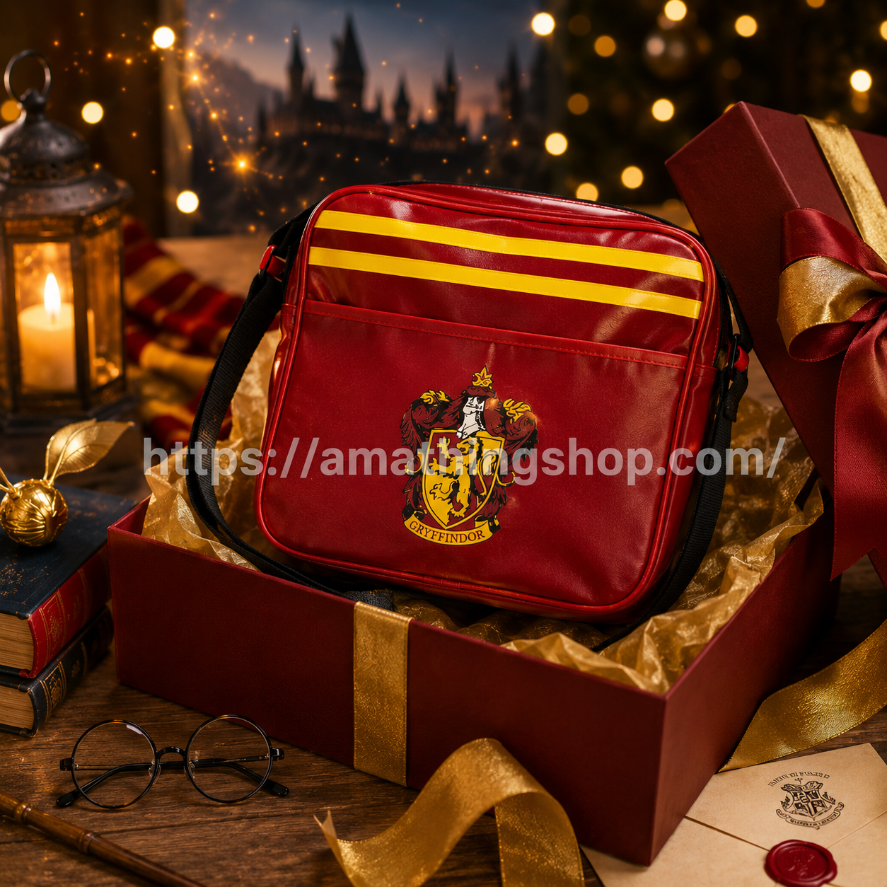 Bandolera roja estilo Harry Potter Gryffindor dentro de caja regalo mágica