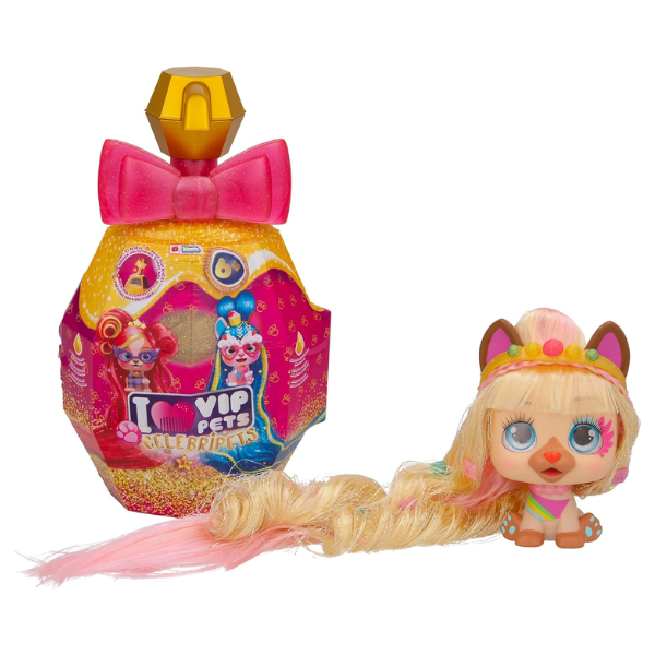 VIP Pets Celebripets perrita sorpresa IMC Toys 711938 con pelo largo de 30 cm, botella dorada y accesorios para peinar.