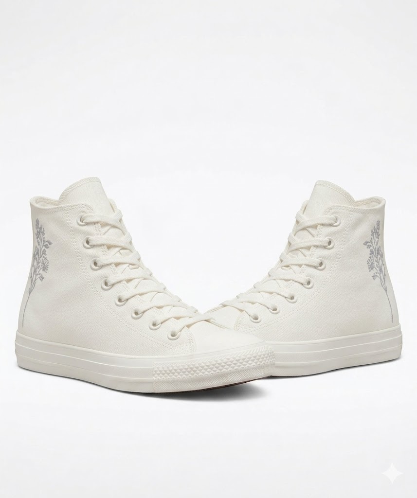 zapatillas-converse-blancas-bordado-floral Primer plano de un par de zapatillas Converse de lona blancas de caña alta con un bordado floral gris plateado en el lateral, sobre un fondo blanco.